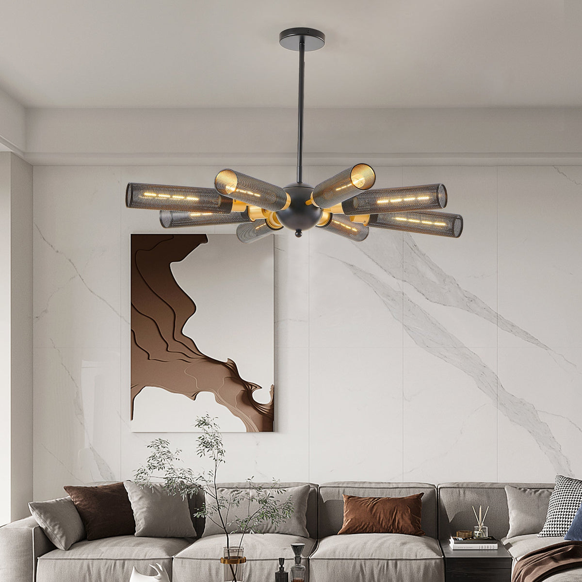 Modern Industrial Sputnik 8-Light Chandelier with Adjustable Height - Black