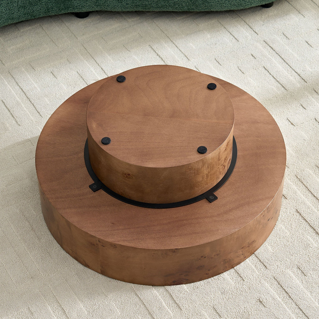 Walnut Burl Wood Veneer Round Coffee Table with Pedestal Base - Walnut