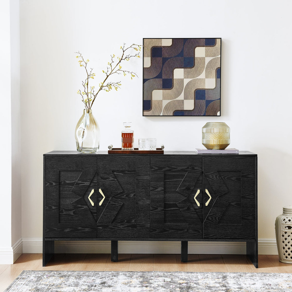 60" Mid Century Modern Sideboard Buffet Cabinet with Fluted Diamond Design - Black