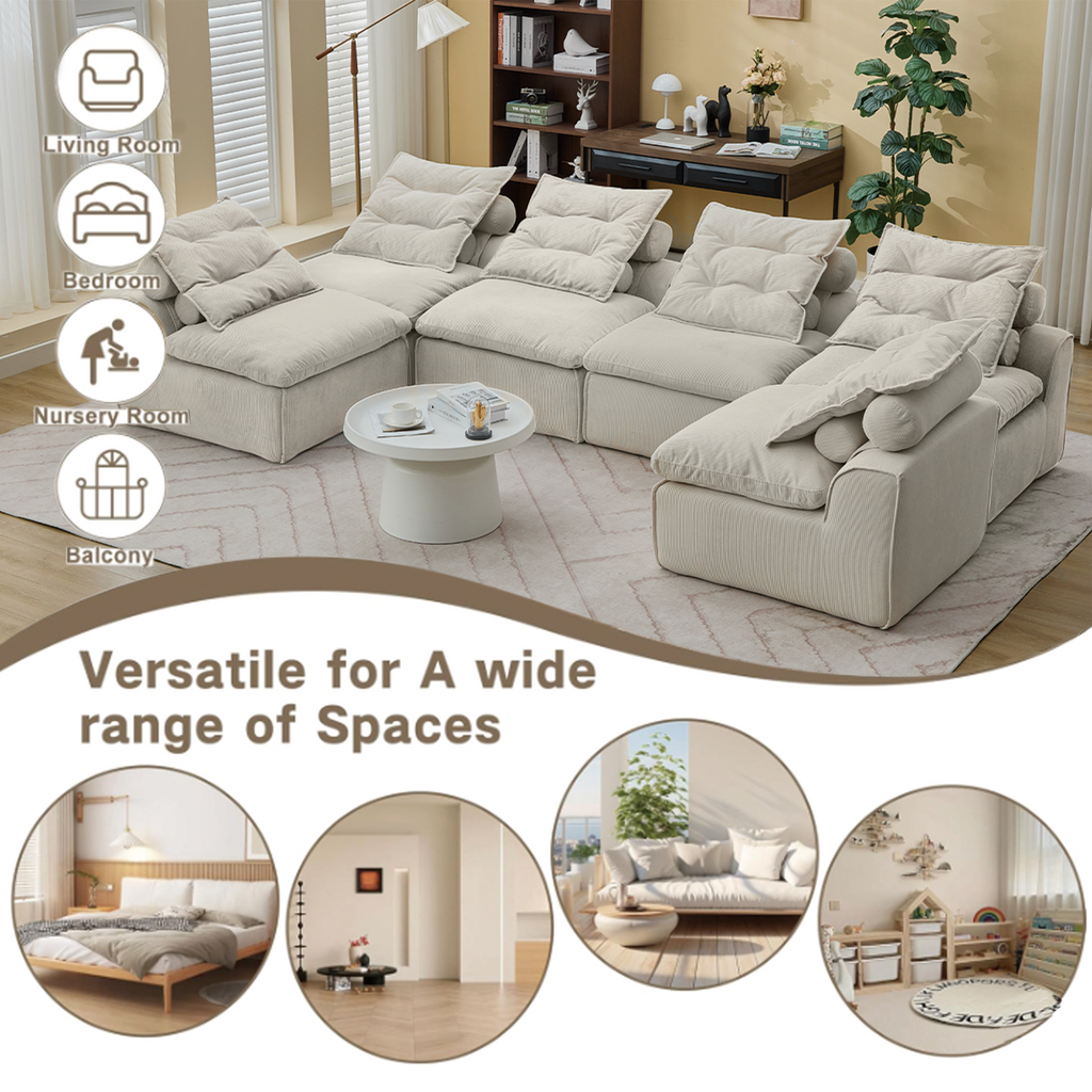 Modular Sofa 6-Piece Set with Neck & Waist Pillows - Beige Corduroy