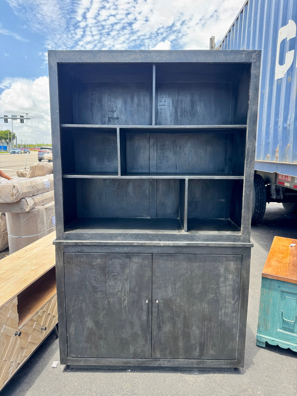 Black Indian Wood Hutch with Open Shelving - 48 x 18 x 79 in