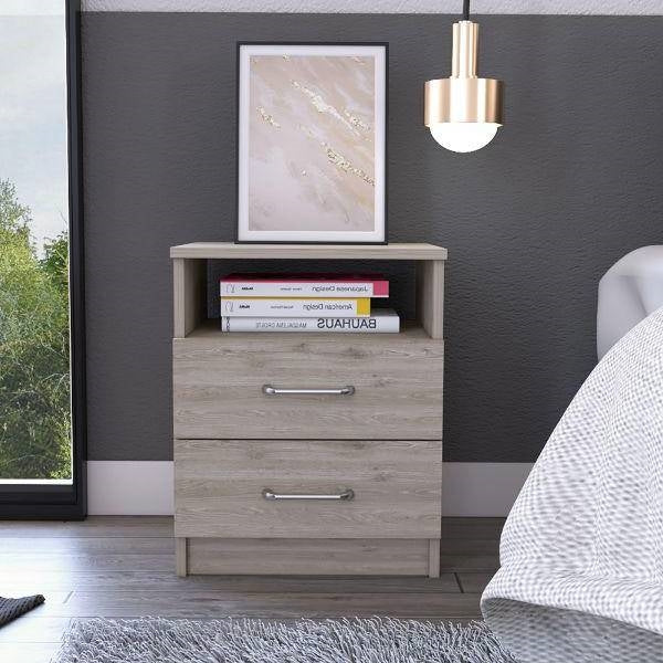 Modern 2-Drawer Nightstand with Open Shelf in Beige Wood Finish