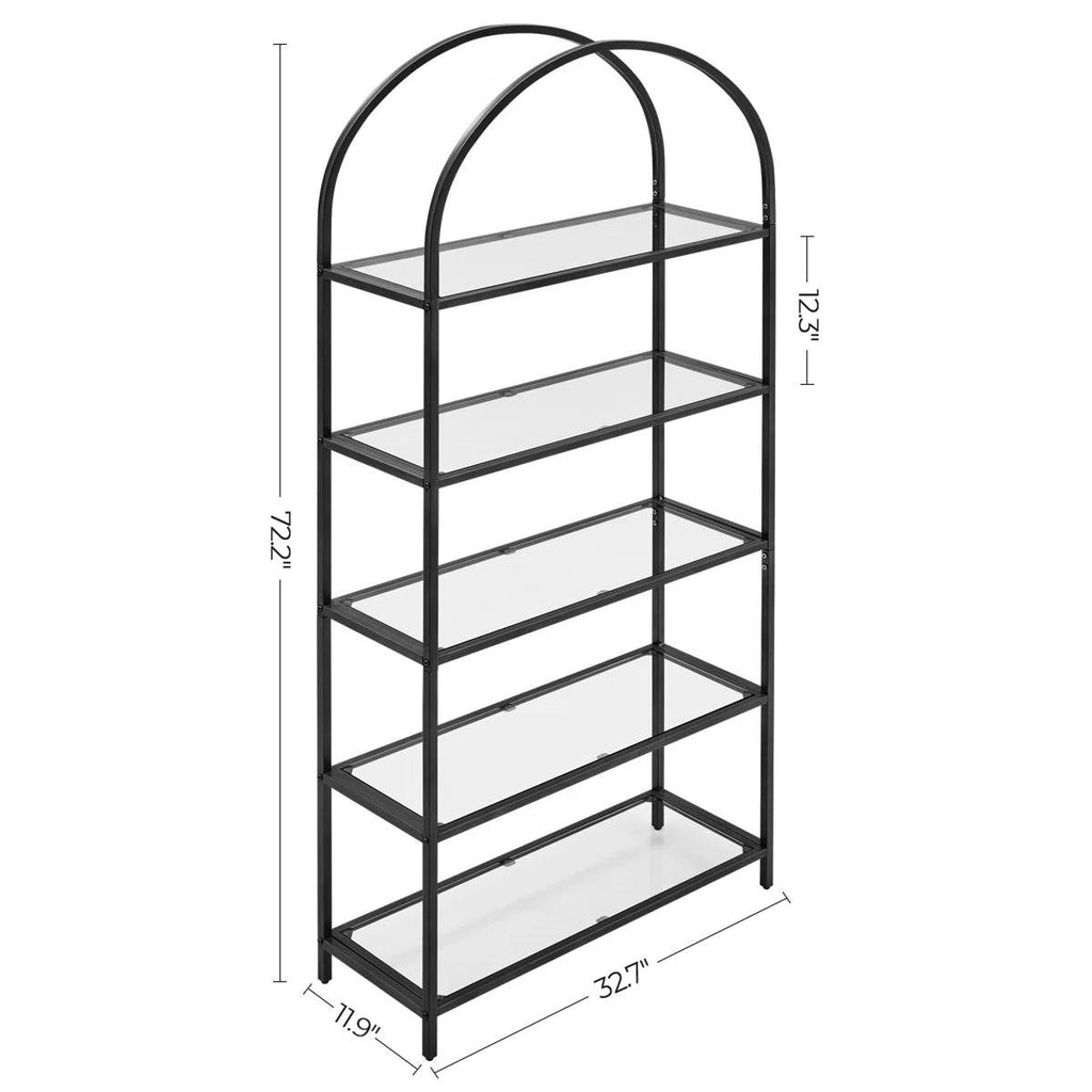 Modern Black Metal Arched Top Display Rack Bookcase with 5 Glass Storage Shelves