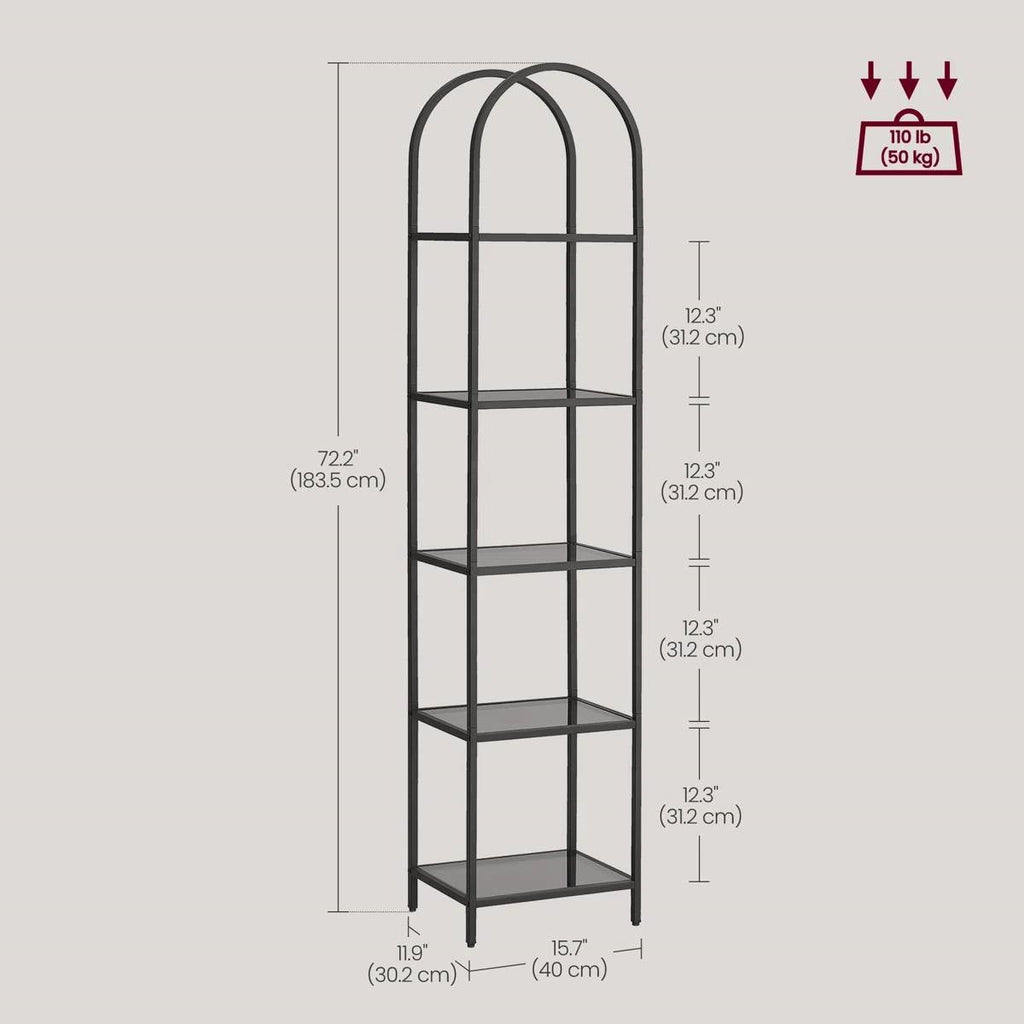 Arched Top Black Metal Display Rack Narrow Bookcase with 5 Glass Storage Shelves