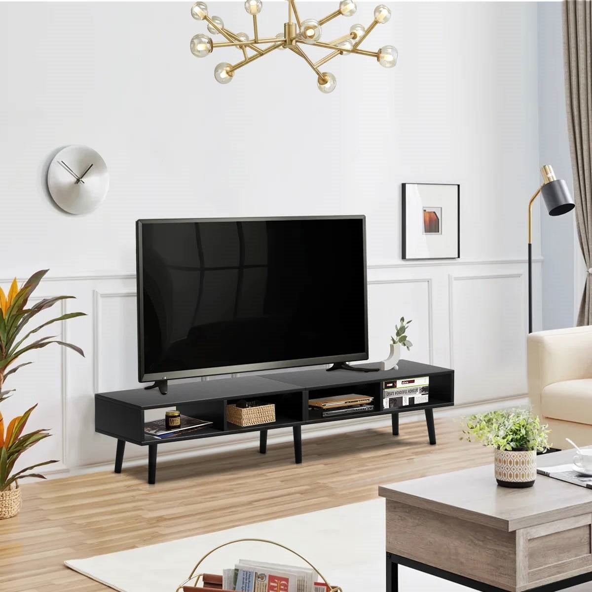 Mid-Century Modern Style TV Stand in Black Wood Finish - for TVs up to 65-inch