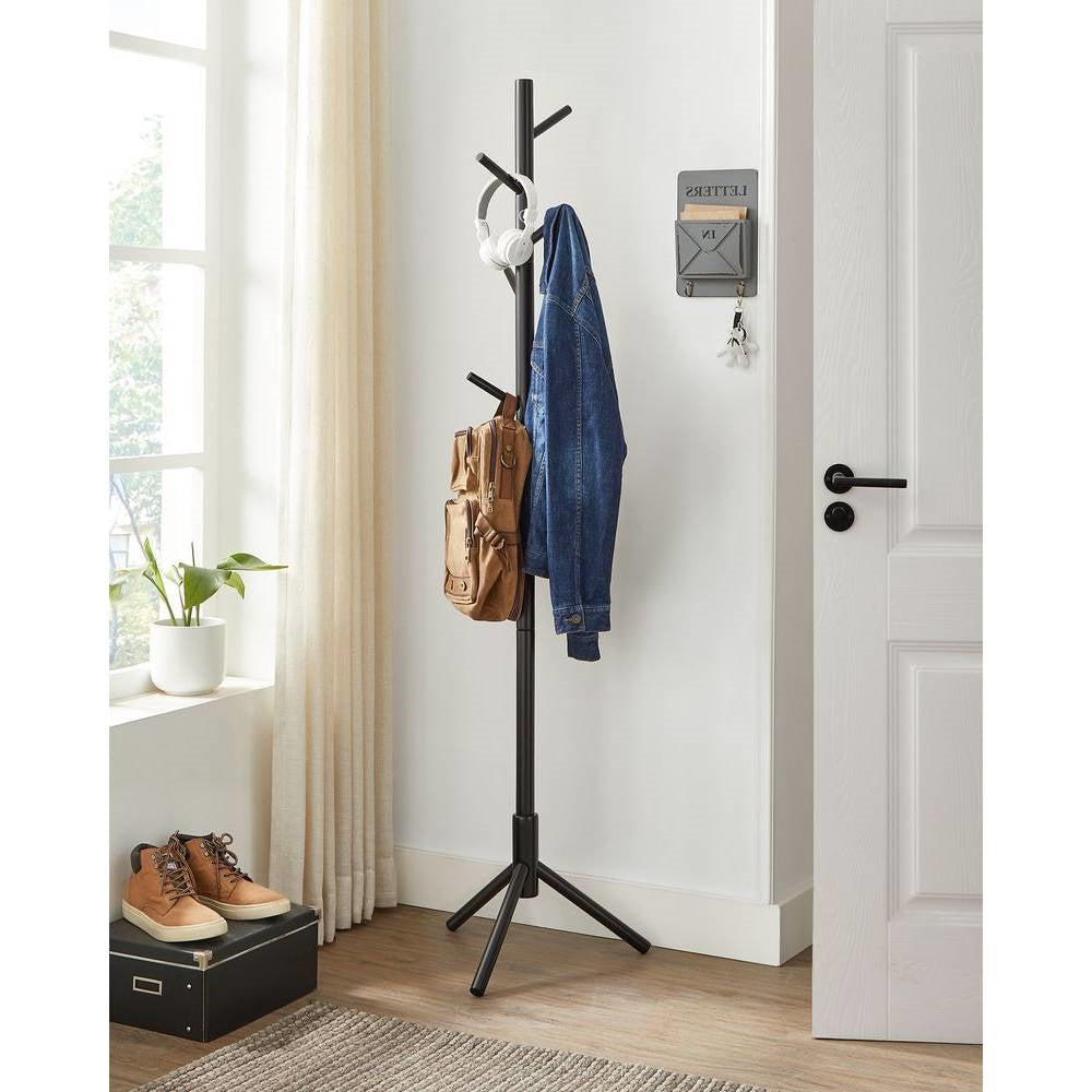 Modern Solid Wood Coat Rack in Black Finish with 8 Hanging Hooks