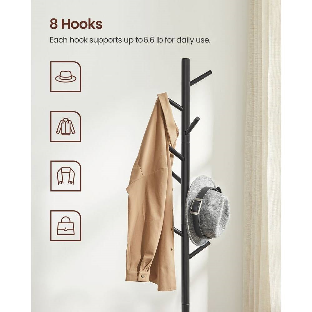 Modern Solid Wood Coat Rack in Black Finish with 8 Hanging Hooks