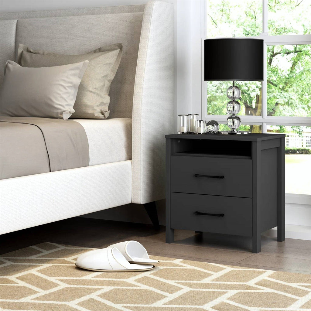 Modern 2-Drawer Nightstand Bedside Table in Black Wood Finish