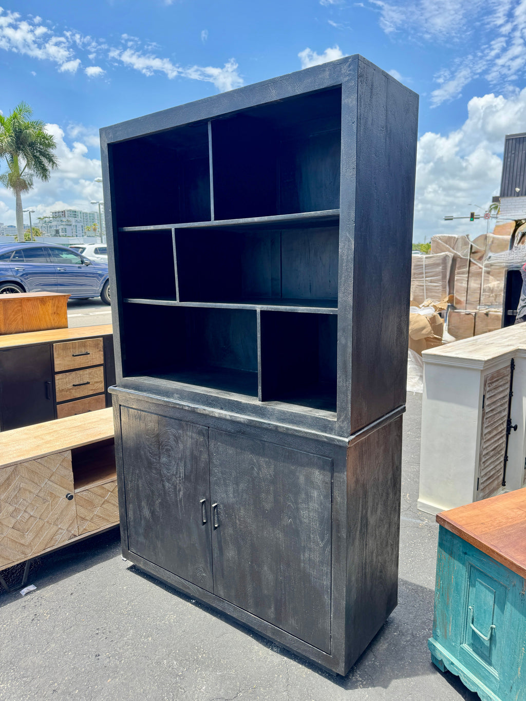 Black Indian Wood Hutch with Open Shelving - 48 x 18 x 79 in
