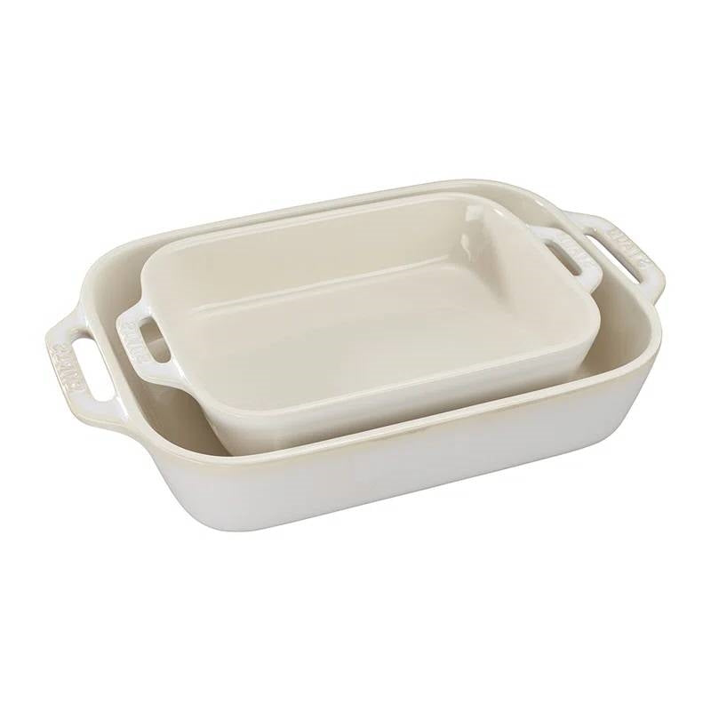 2 Piece Ceramic Stoneware Baking Dish Set in Ivory Cream Beige