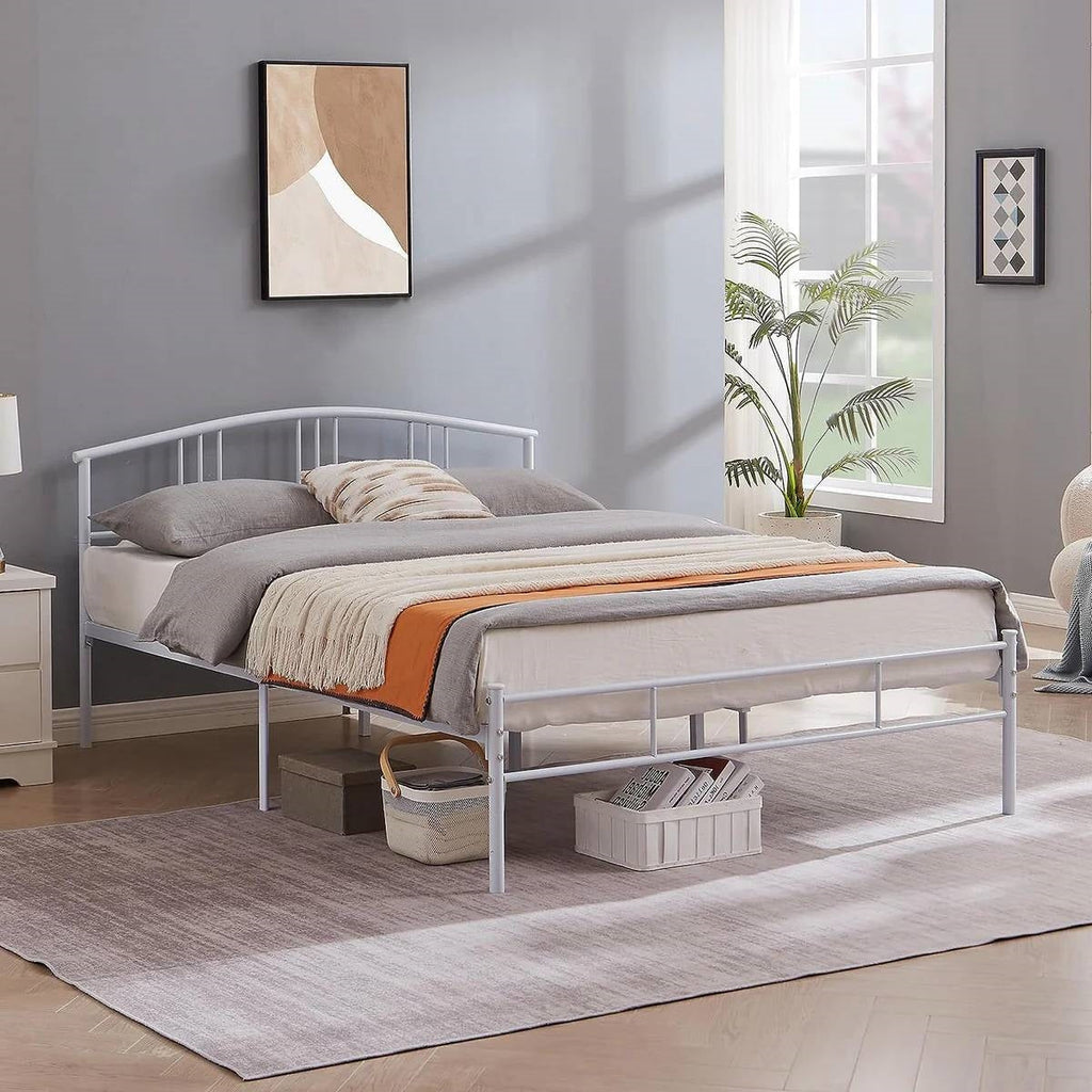 Queen size White Metal Platform Bed Frame with Arched Headboard