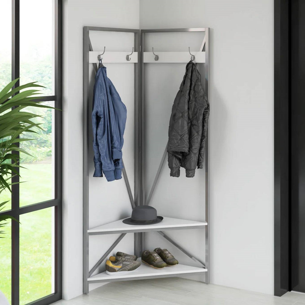 Modern Metal Hall Tree Coat Rack Shoe Storage Bench with White Seat and Shelf