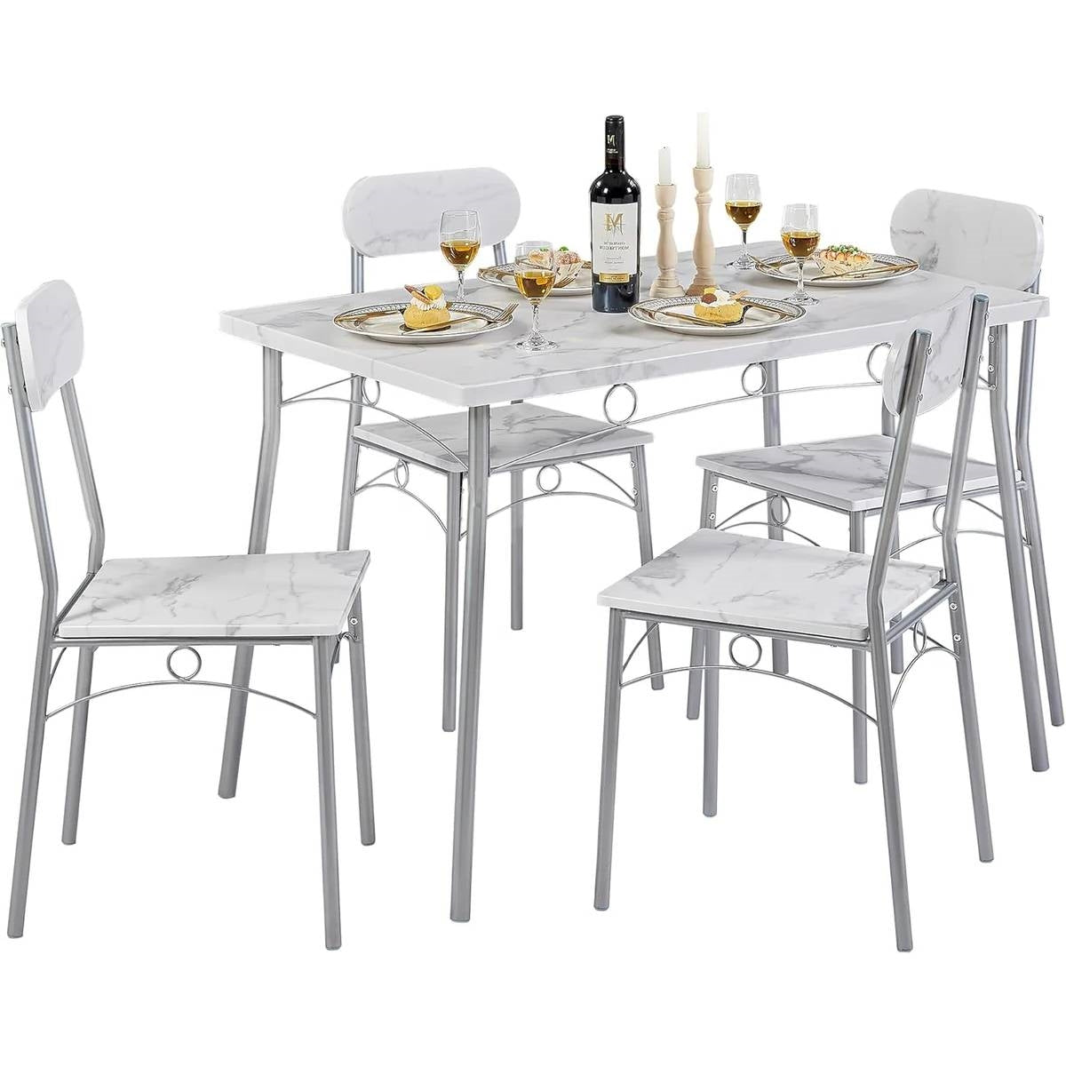 Modern 5-Piece Dining Set with White Faux Marble Top Table and 4 Chairs