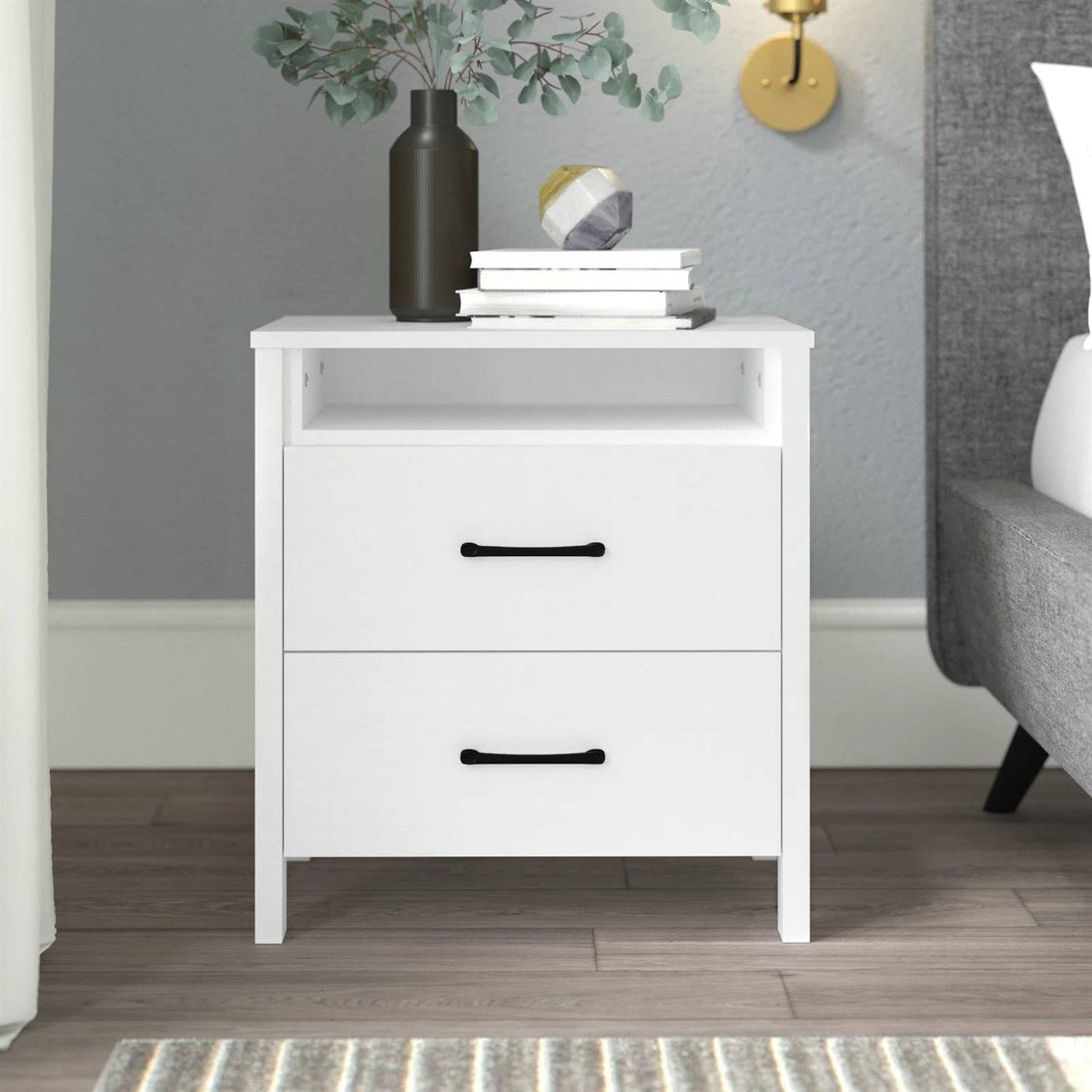 Modern 2-Drawer Bedside Table Nightstand in White Wood Finish