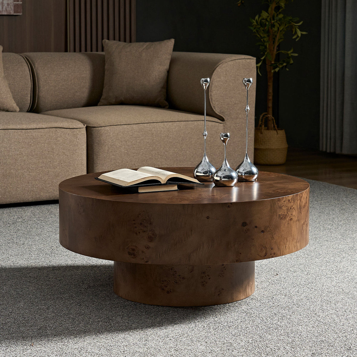 Walnut Burl Wood Veneer Round Coffee Table with Pedestal Base - Walnut