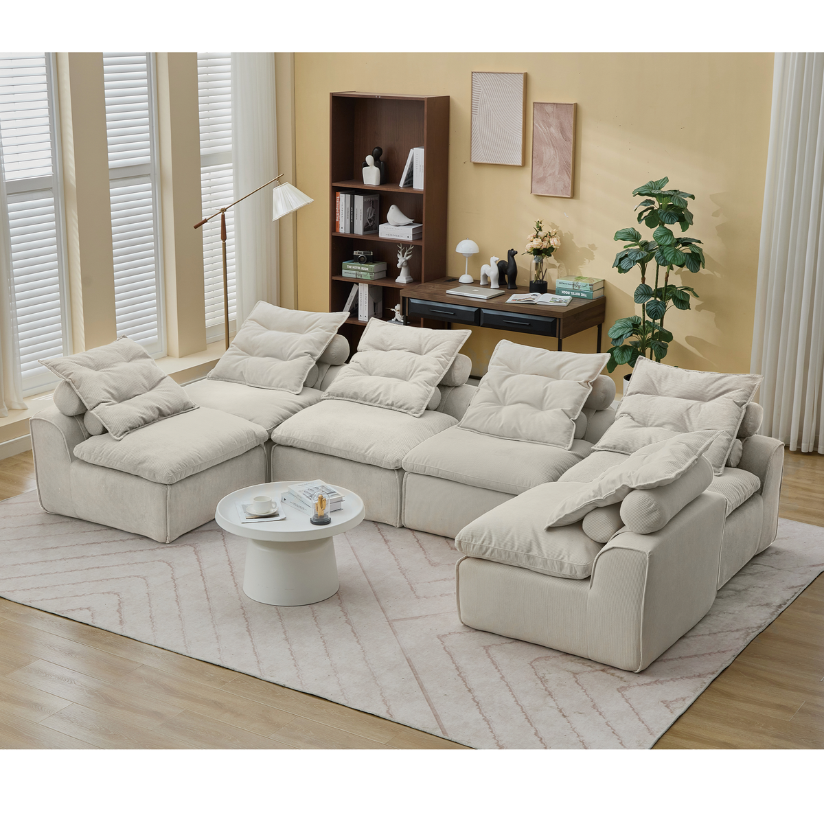 Modular Sofa 6-Piece Set with Neck & Waist Pillows - Beige Corduroy